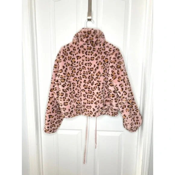 Victoria's Secret Know One Cares Pink Leopard Faux Fur Crop Full Zip Jacket Med - Picture 3 of 6